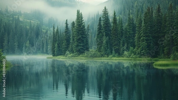 Fototapeta Serene lake nestled in lush forest with reflections of towering pines and distant mountains offering a perfect nature escape. Generative Ai