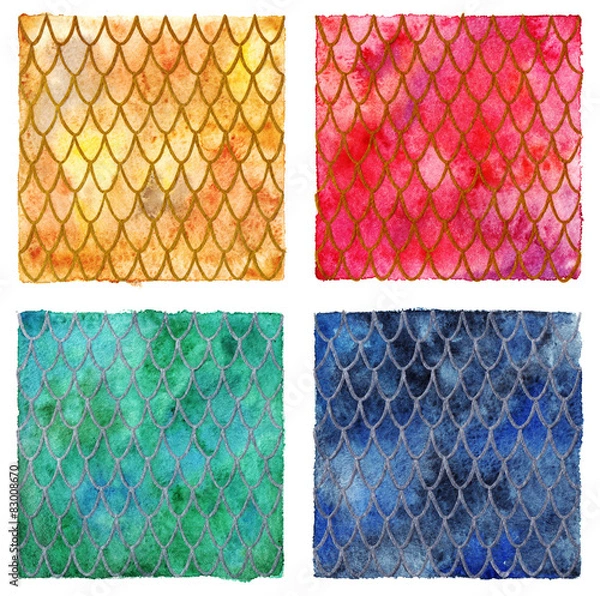 Fototapeta Dragon skin scales pattern texture background four colors set