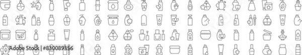 Fototapeta Collection of icons of perfume, shower gel, shampoo, cream for Advertisement. Suitable for books, stores, shops. Editable stroke in minimalistic outline style. Symbol for design