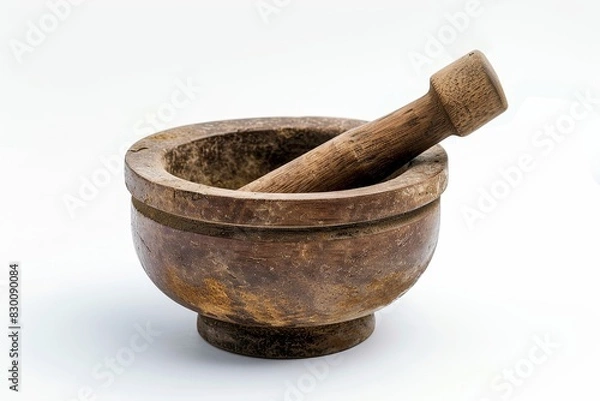 Fototapeta Realistic photograph of a complete Mortar and pestle,solid stark white background, focused lighting