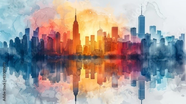Fototapeta Skyline Symphony: Reflective Hues on a White Canvas