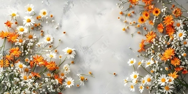 Fototapeta Collection of dainty chamomile and daisy flowers in stylized artistic arrangement. Concept Flower Arrangement, Chamomile, Daisy, Stylish Display, Artistic Design