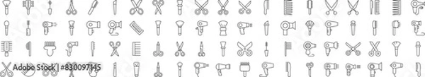 Fototapeta Collection of icons of Hairbrush, Hairdryer, Cosmetic Brush, Scissors for Advertisement. Suitable for books, stores, shops. Editable stroke in minimalistic outline style. Symbol for design