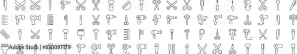 Fototapeta Signs of Hairbrush, Hairdryer, Cosmetic Brush, Scissors for Shops and Stores. Suitable for books, stores, shops. Editable stroke in minimalistic outline style. Symbol for design