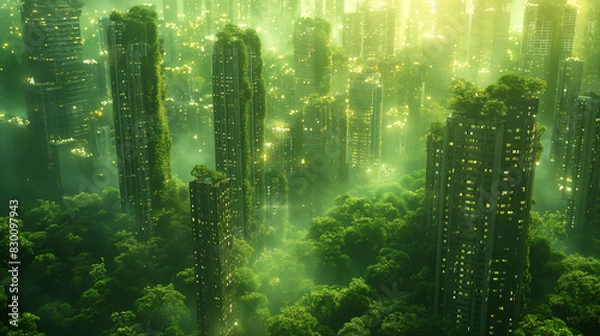 Fototapeta A cityscape with tall buildings and lush green trees