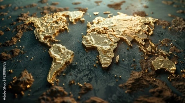 Fototapeta world map showing the major gold deposits on each continent. Using gold color and icons to convey the quantity and importance of each gold source