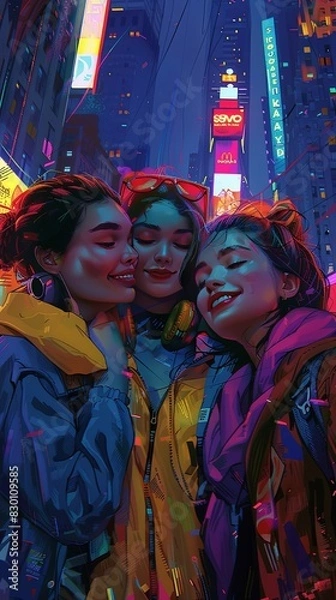 Fototapeta Three friends embrace in a vibrant, neon-lit cityscape at night, surrounded by colorful billboards and signs.