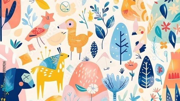 Fototapeta Enchanting Floral and Fauna Pattern in Vibrant Hues