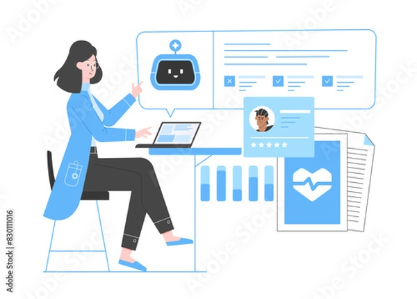 Obraz Cute female doctor communicates with a chat bot using a language model. Artificial intelligence in patient data analysis and diagnosis. Modern technologies in medicine. Vector flat illustration.