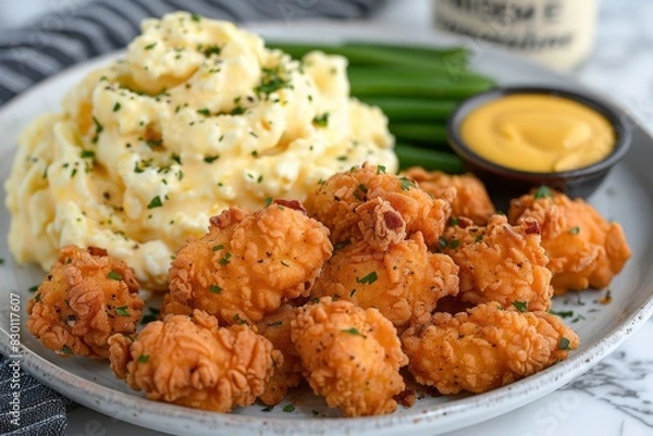 Fototapeta Plate of Food With Mashed Potatoes and Green Beans