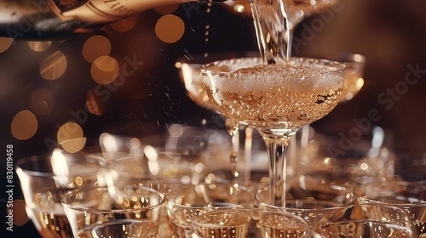 Fototapeta A close-up of a champagne tower being poured, with glasses stacked elegantly and bubbles sparkling