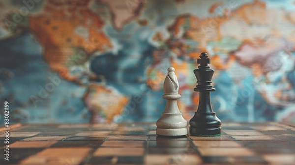 Obraz Two chess pieces on a world map, representing global competition and strategy in business or social matters