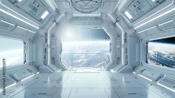 Fototapeta futuristic white space station interior with window view on space and planets 3d rendering