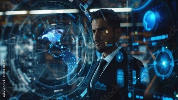 Obraz Image of a businessman with a futuristic interface displaying online business statistics