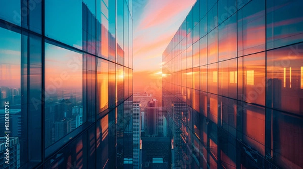 Obraz Abstract business background with city skyline and modern glass buildings at sunset, futuristic urban landscape. High resolution photography, empty space for text