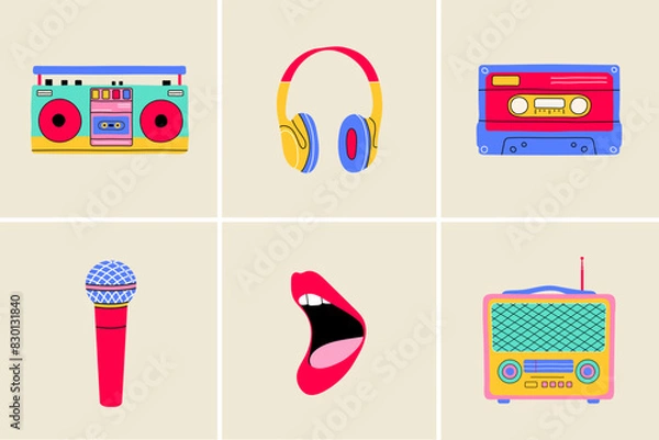Obraz Classic 80s 90s music elements in flat line style. Hand drawn vector illustration: recorder, boom box, cassette, headphones, microphone, open singing mouth, radio. 
