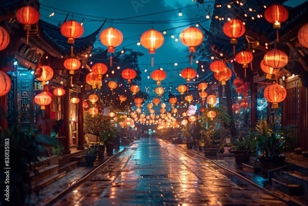 Fototapeta An enchanting night street adorned with glowing red lanterns after the rain, evoking a festive atmosphere