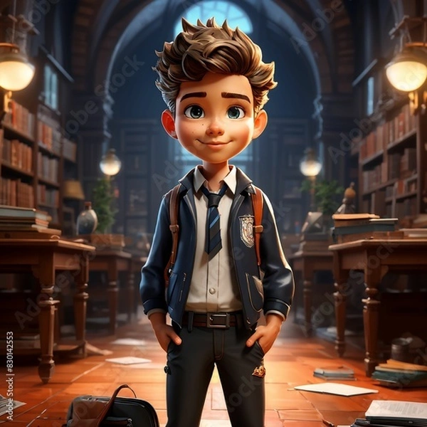 Obraz cartoon character smart boy in the library. Smart Kid. 3d style.