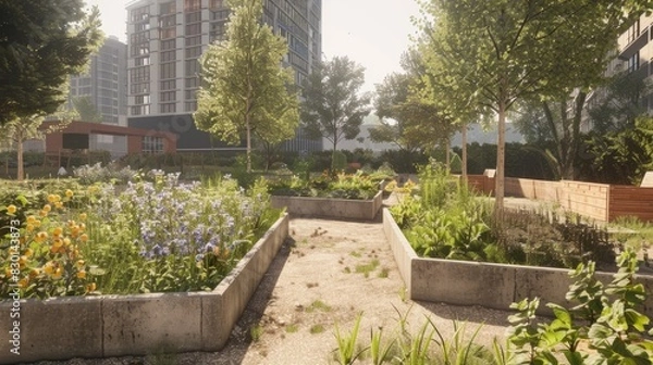 Fototapeta Community gardening initiative turning concrete urban space green, AI Generated