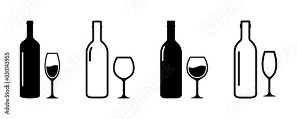 Fototapeta Set of wine bottle with wine glasses vector icons. Drink alcohol. Vector 10 Eps.