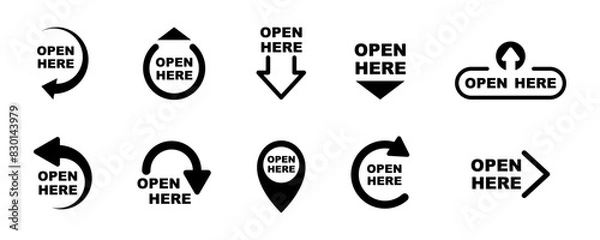 Fototapeta Open here icons vector set. Open here stickers or labels for package design. Special tag on box.