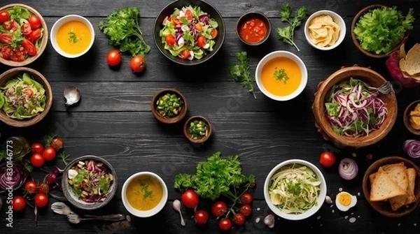 Obraz Background food and dishes. Salads, snacks and soups On a black wooden background. Top view. Free space for your text.