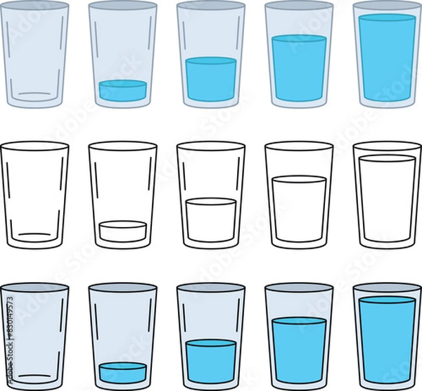 Fototapeta Water Drink Gauge Meter or Measurement Chart Clipart - with Different Levels from Empty, Half and Full Glass Clipart Set