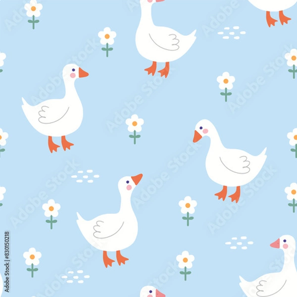 Obraz Cute goose on a blue background with camomile white flowers, kids fabric and textile vector print design, seamless pattern
