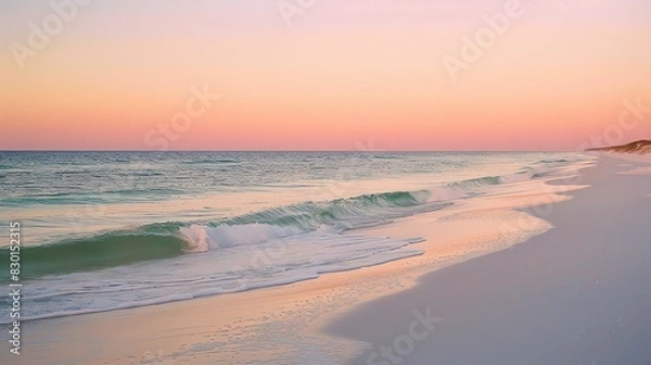Fototapeta Serene sunset over a tranquil beach with gentle waves and a vibrant sky, perfect for peaceful moments and nature lovers.