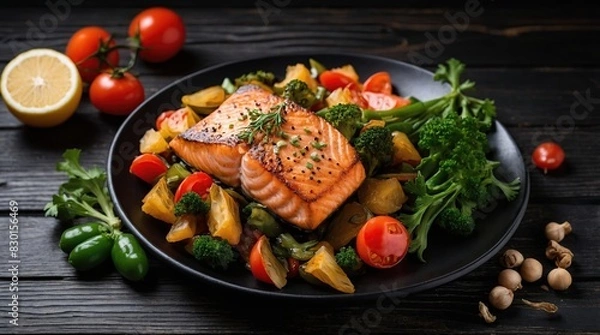 Fototapeta Fried salmon steak with vegetables On a black wooden background. Top view. Free space for your text.