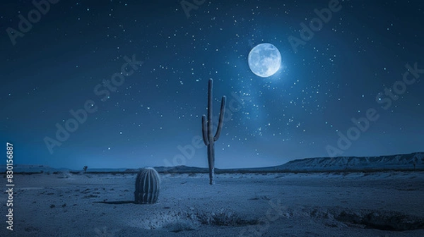 Fototapeta A photographic style of a desert environment, clear night sky with a full moon illuminating the desert, casting a soft glow on the sand. The stars are bright and the Milky Way is visible. A solitary