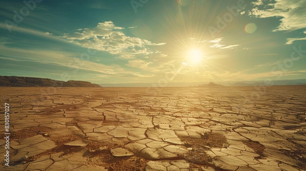 Fototapeta A photographic style of a desert environment, midday sun beating down on an arid landscape, with cracked earth and scattered rocks. The heat creates visible mirages on the horizon. Harsh shadows and