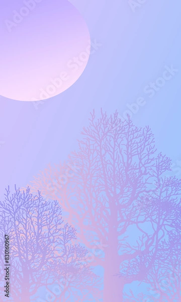 Fototapeta Night landscape, winter picture, 
sun and forest, trees, big moon, gradient background, holiday postcard, illustration nature 