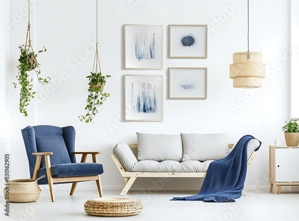 Fototapeta A white living room with blue accents, featuring an armchair and sofa, along with framed artwork on the wall