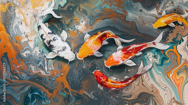 Obraz Abstract fluid expression koi fish swimming in water, Asian feng shui illustration, Aesthetics colorful nature inspirational tenderness illustration, oil paint, Wall decoration photo, Generated AI.
