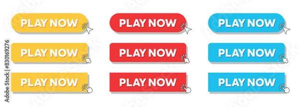 Obraz Simple Play Now Web Button Set with hand pointer or arrow pointer modern minimal style vector