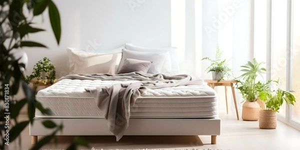 Fototapeta Elegantly arranged white pillows complementing a king size mattress. Concept Bedroom Decor, White Pillows, King Size Mattress, Elegant Arrangement