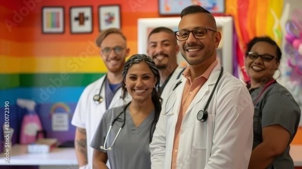 Obraz LGBTQ+ health clinic with a welcoming staff, diverse patients, inclusive environment, supportive care, smiling faces, medical professionals, community health, equality in healthcare, safety, respect,