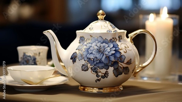 Fototapeta A closeup of a beautifully designed porcelain teapot with floral patterns, matching teacups, rustic table setting, warm and soft lighting 8K , high-resolution, ultra HD,up32K HD