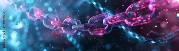 Obraz Abstract image of a transparent chain in neon blue and pink light, symbolizing blockchain technology and digital security in a futuristic style.