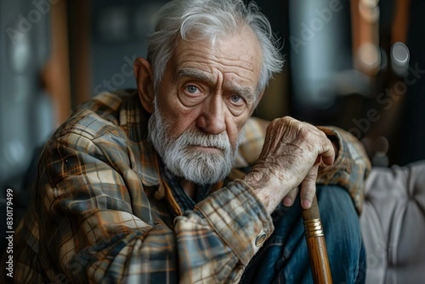 Fototapeta Older man with white beard and mustache sitting on a couch