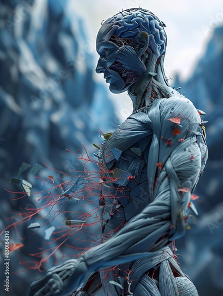 Fototapeta Illustration of a human figure showing muscles and blood vessels surrounded by red roses, created by artificial intelligence. 