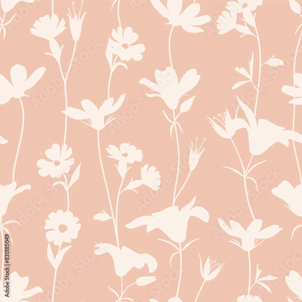 Fototapeta Floral Seamless vector pattern with trailing elegant white flower vines silhouettes on warm pink