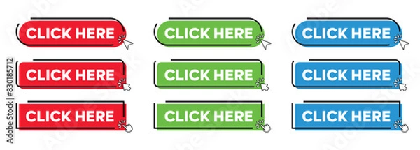 Obraz Click Here Button with Click cursor. Modern Simple web action button with click cursor or arrow pointer vector illustration set
