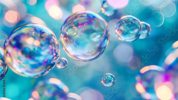Fototapeta An iridescent orb, Bubble shimmering with iridescent colors float against a blue backdrop. Spherical and translucent, their surfaces reflect subtle rainbow hues