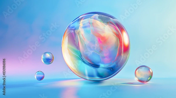 Fototapeta An iridescent orb, Bubble shimmering with iridescent colors float against a blue backdrop. Spherical and translucent, their surfaces reflect subtle rainbow hues
