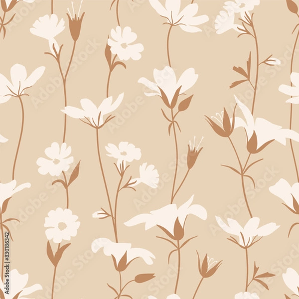 Fototapeta Floral Seamless vector pattern with trailing elegant white flower vines on warm beige, textile