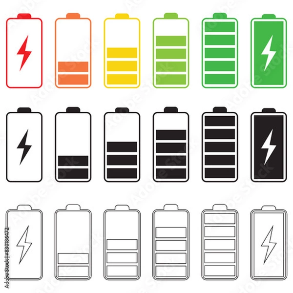 Fototapeta set of battery icons. Battery charging and percentage capacity levels icon. Red, green, yellow and black colors vector illustration.