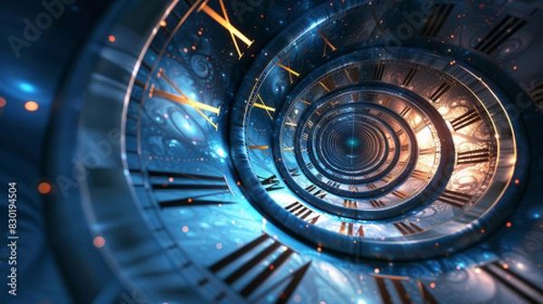 Fototapeta Intricate Spiral Clock with Roman Numerals. Concept of time travel and infinite loop