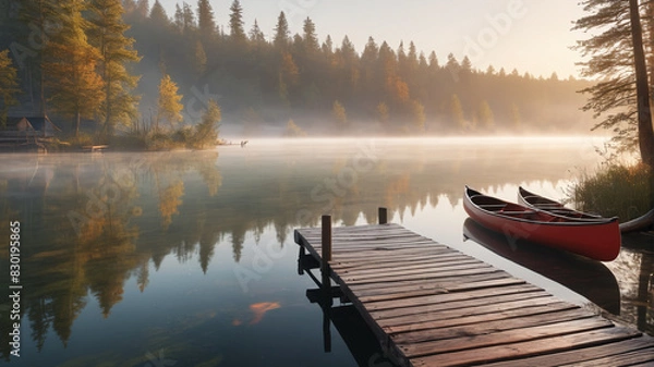 Fototapeta A serene lakeside scene with a wooden dock, canoes, and mist rising from the water at dawn. Generative AI.